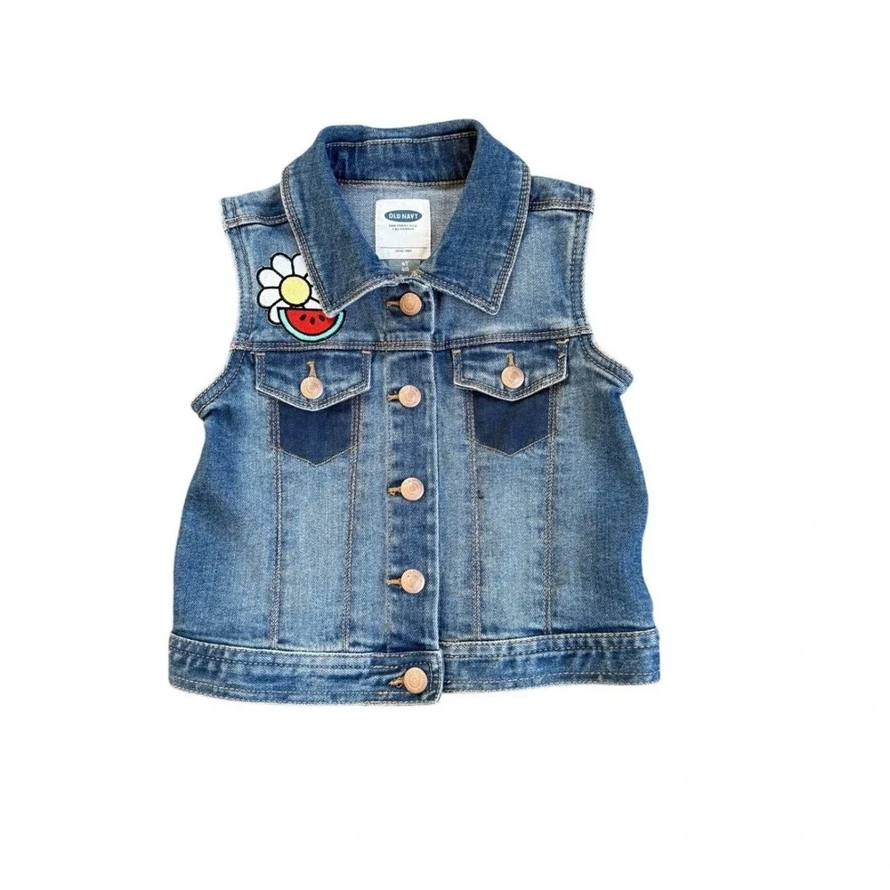 Old Navy Girls Denim Vest 4T‎ Daisy Watermelon Patch Jean Jacket Blue